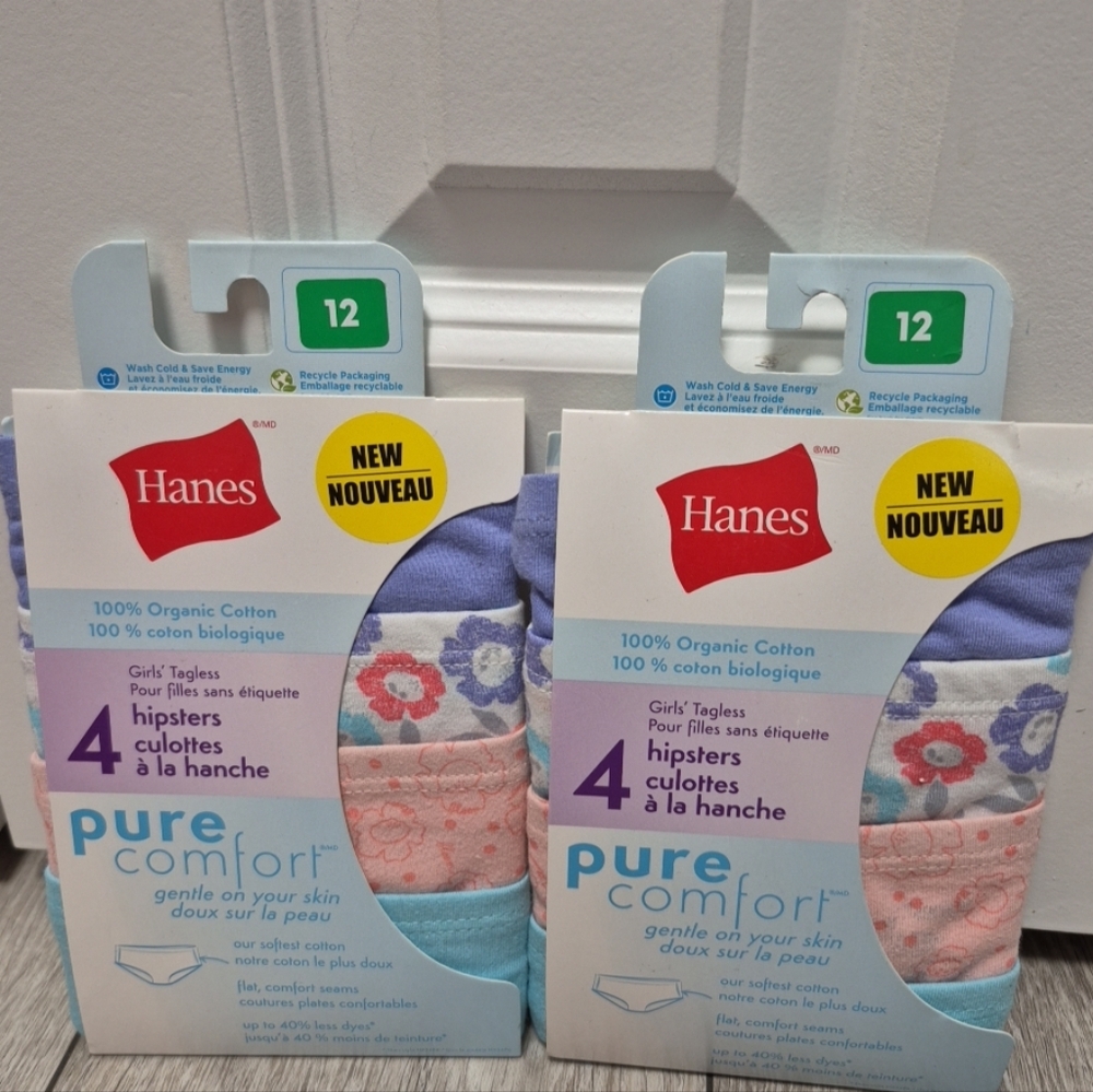 2 new packs of Hanes Girls Pure Comfort 4 pair Hipsters underwear; Size 12